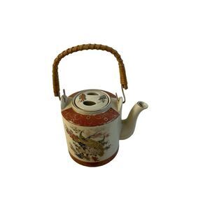 Satsuma Japan Porcelain teapot with lid natural handle peacock handpainted 9"